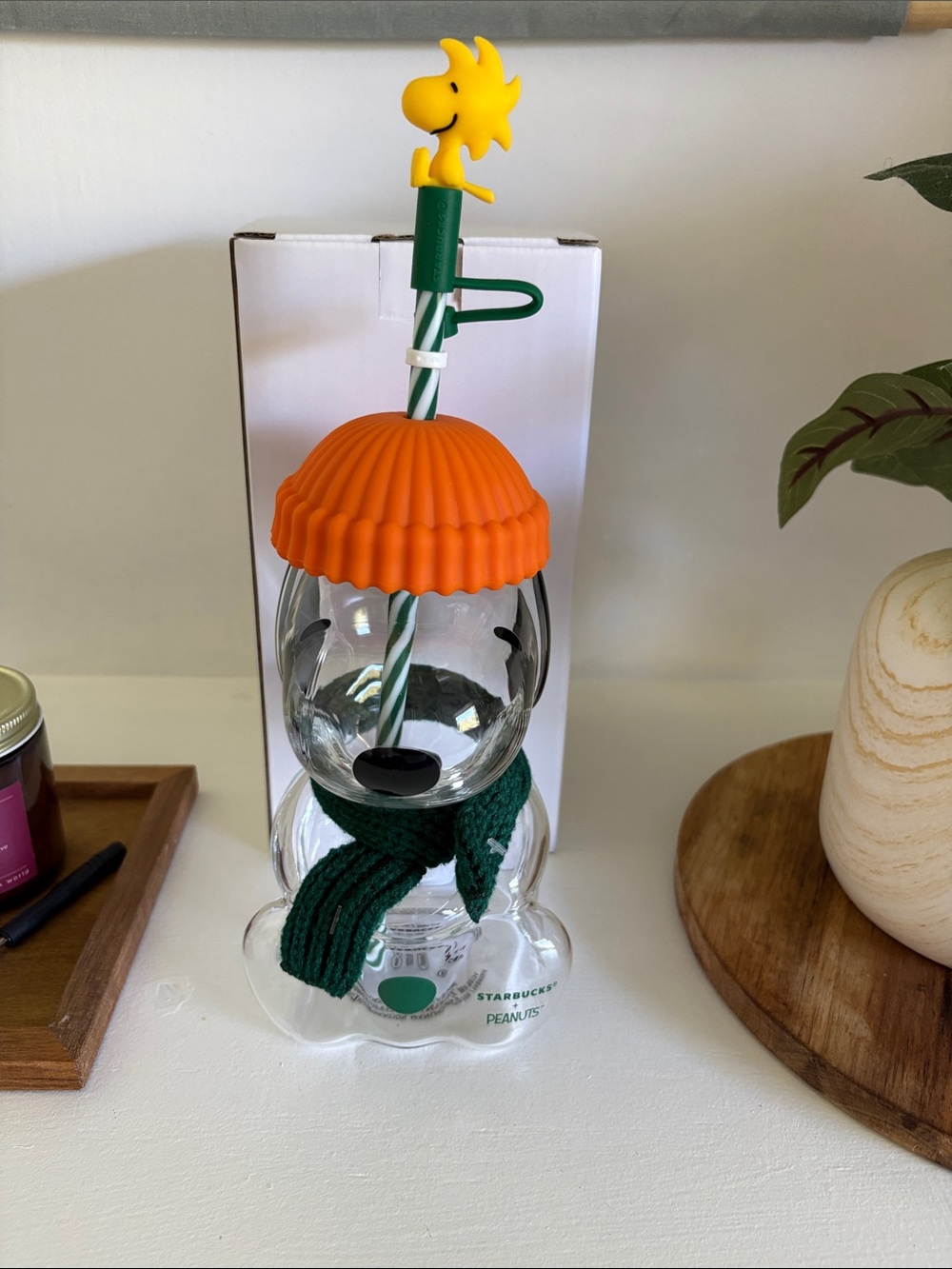 Starbucks Orange Lid Snowman Tumbler with Green Straw & Woodstock Topper